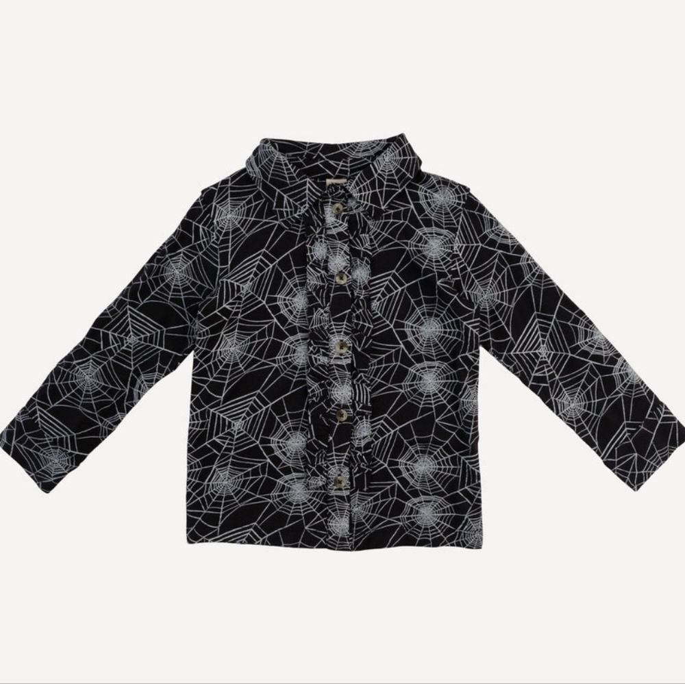 NWT 8Y Kate Quinn 🕸️ long sleeve rolled tuxedo shirt spiderweb bamboo spooky